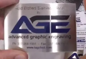 Stainless steel tag showcasing acid etching, laser etching, and screen printing techniques with details on durability tests.