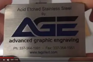 Stainless steel tag featuring acid etching, laser etching, and screen printing, showcased for durability tests.