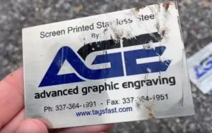 Stainless steel tag featuring screen printing, showcasing durability with techniques like acid and laser etching.